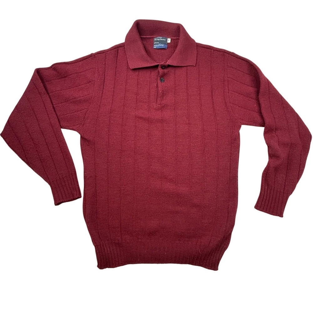 Vtg Young Gentry JCPenney Mens XL‎ Tall Burgundy Red Polo Sweater grandpacore